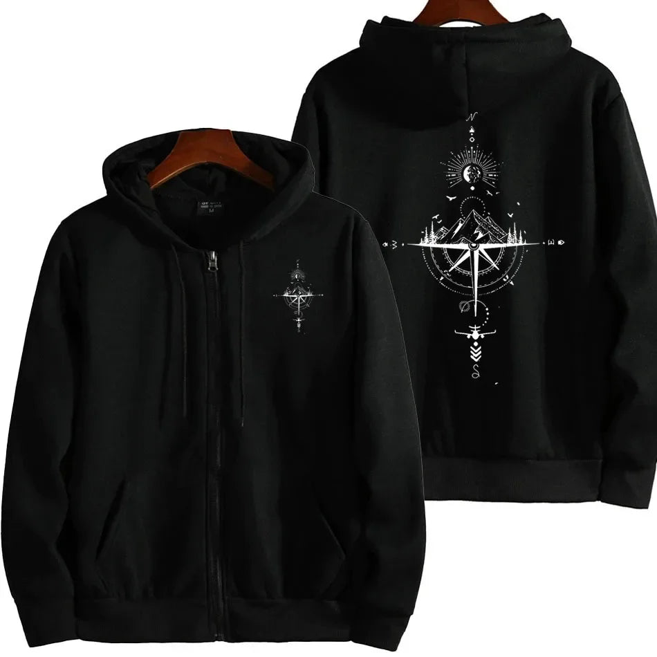 Men’s Zip Hoodie – Vintage Compass Print