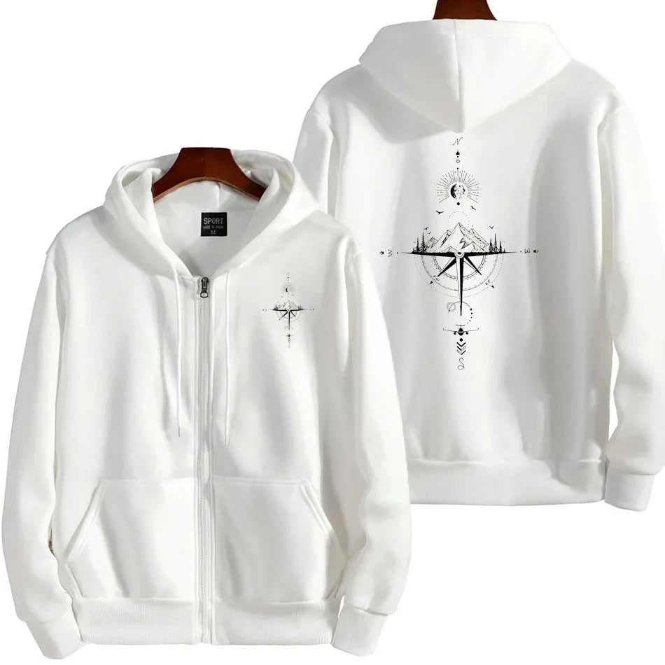 Men’s Zip Hoodie – Vintage Compass Print